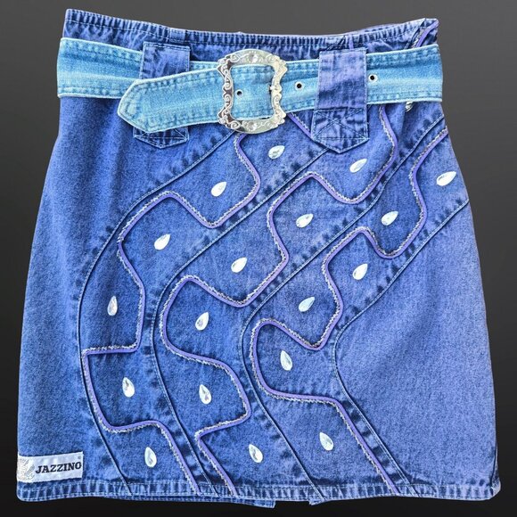 Vintage 80s Short Denim Belted skirt Size M Rhinestone Beaded Above Knee - Picture 1 of 8